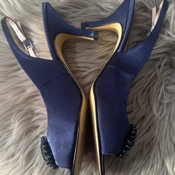 Caparros Navy Blue Satin Peep Toe Slingback Heels with Rhinestones Size 9 - Picture 6 of 11